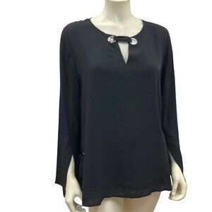 Laurie Felt Womens Black Long Sleeve Blouse With Silver‎ Ring Accent M